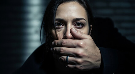 Close up of a woman with tears in her eyes and a hand covering her mouth in a dark setting