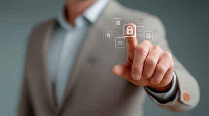 A businessman pressing a padlock on a digital screen, emphasizing the concept of security, privacy, and protection. Cybersecurity