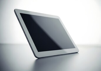Silver tablet computer with dark screen tilted on a reflective surface technology device