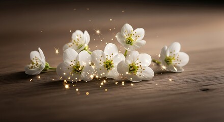 Delicate white blossoms with glitter on a wooden surface creating a magical atmosphere