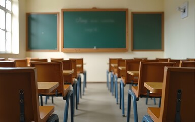 Empty Classroom. Back to school concept in high school. Classroom Interior Vintage Wooden Lecture Wooden Chairs and Desks. Studying lessons in secondary education. generative ai. High quality