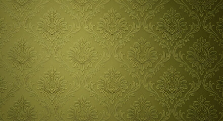Vintage olive green wallpaper with an embossed floral damask pattern and textured surface.
