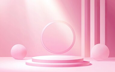Obraz premium Pink Studio Presentation Stage With Floating Circle And Spheres Against Soft Light Minimalist Composition