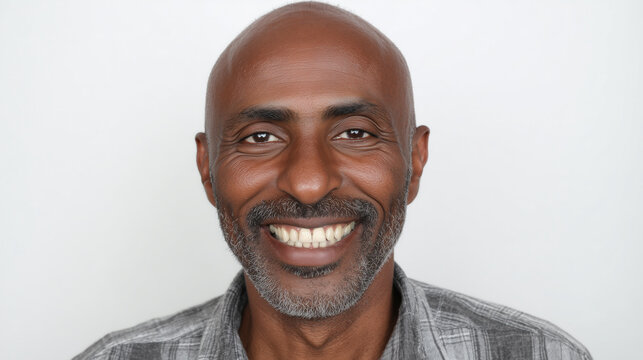 A handsome, happy middle aged Black man with a grey beard smiling, white background
