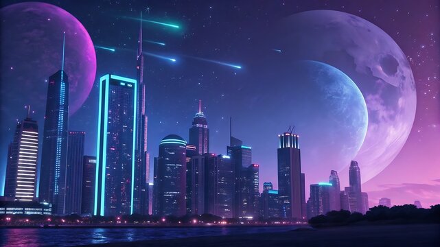 Futuristic neon cityscape with alien planets blue purple - Powered by Adobe