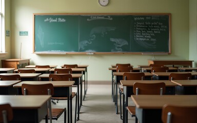 An empty school classroom with desks and chairs arranged neatly, featuring an old chalkboard on the wall. High quality