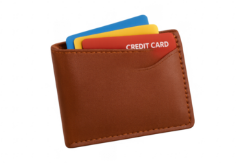 Brown leather wallet holding credit cards on transparent background