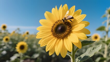 Fototapeta premium Close-Up of Bee Pollinating Sunflower in Bloom Under Clear Blue Sky