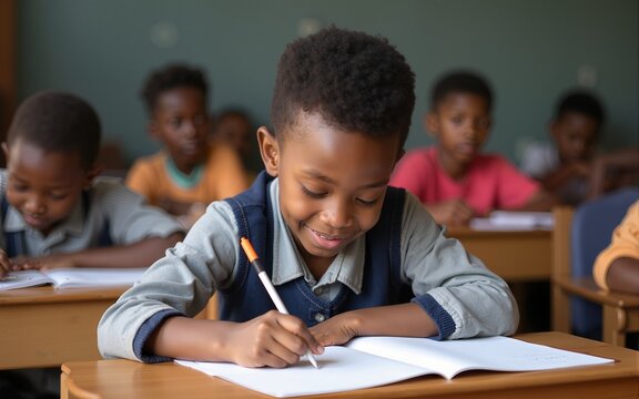Little african boy writing in classroom during test. High quality