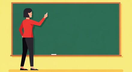 Teacher stands at a green chalkboard with chalk in her hand in a classroom, illustrating education, learning, and teaching in a flat vector design for presentations and web content.