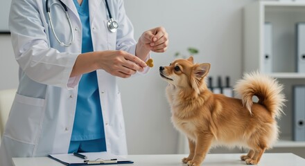 Female veterinarian in white coat giving heart-shaped treat to small fluffy dog in clinic, concept of pet care, training and health, suitable for veterinary ads, horizontal