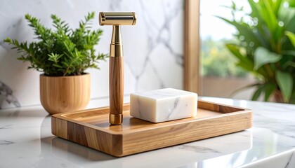 Luxurious and Sustainable Shaving Kit with Wooden Razor and Marble Soap.