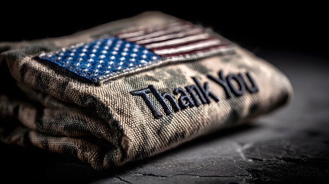 Close-up of a military patch with the words "Thank You".
