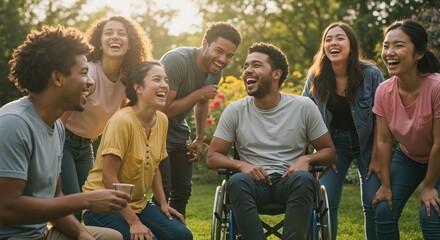 Group of diverse friends laughing outdoors with man in wheelchair, lifestyle style, concept of friendship and inclusion, use for community themes, horizontal