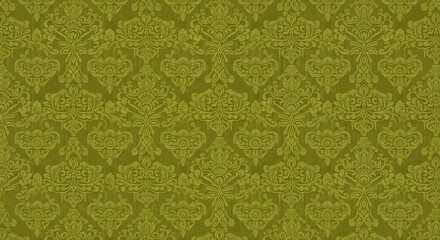 Aged olive green damask wallpaper with a repeating ornate floral pattern.