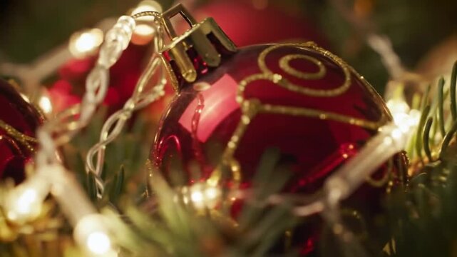 Closeup of a red and gold christmas ornament with lights on a tree