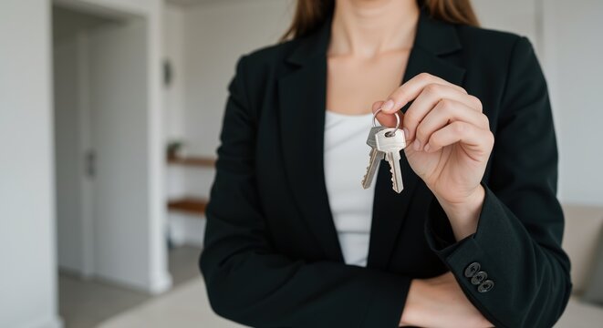 Businesswoman in black suit holding house keys indoors, realistic style, concept of real estate and property rental, horizontal image for designers - Powered by Adobe