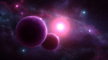 Two vibrant purple planets orbit a luminous star in a cosmic expanse.