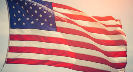 Obraz premium Star-Spangled Banner's Majestic Dance: The American flag waves proudly, its stars and stripes billowing in the wind, a vibrant symbol of freedom and national pride, captured with an artistic touch.