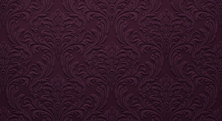 Elegant dark purple wallpaper with a raised embossed damask floral pattern.