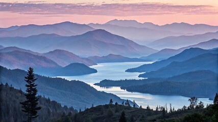 Obraz premium Layered mountains and tranquil lake at dawn clouds