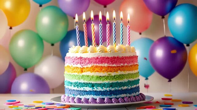 Colorful rainbow birthday cake with candles and balloons for a festive celebration.