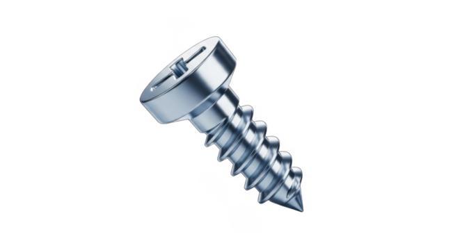 A close-up, isolated image of a shiny, metallic screw with a cross-shaped head.