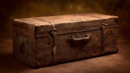 Aged, weathered suitcase resting on a textured surface.
