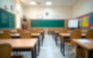 School classroom in blur background without young student. Blurry view of elementary class room no kid or teacher with chairs and tables in campus. Back to school concept. High quality