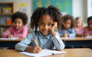Portrait of small black girl with afro braids sitting at table in classroom at primary school or kindergarten, writing or drawing in notebook. Reopening and return back to school after lockdown