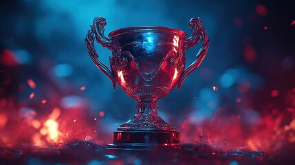 Trophy cup stands against a background of red and blue light effects.