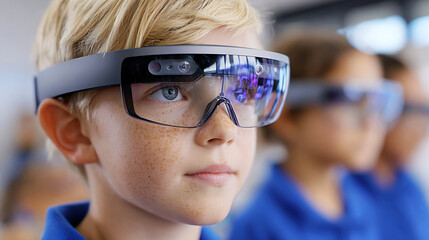 Young Boy Engages in an Immersive Learning Experience With Advanced Augmented Reality Glasses in a Classroom Setting
