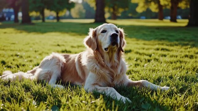 Golden retriever resting peacefully on a lush green field in the warm sunlight outdoors today now wow