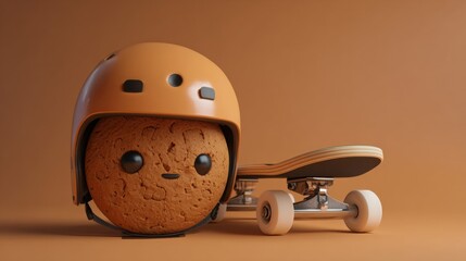 Cute Cookie Character with Skateboard and Orange Helmet on Brown Background