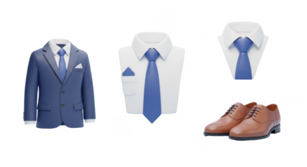 Business attire:  suit, shirt, tie, and shoes displayed separately.