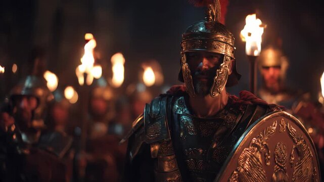 A Roman general in armor, holding up his sword and shield