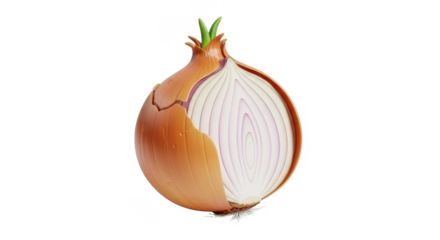 A single onion cut in half, showcasing its inner layers and green sprout.