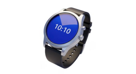 Silver smartwatch with a blue screen displaying the time 10:10, paired with a black leather strap, isolated on a PNG background