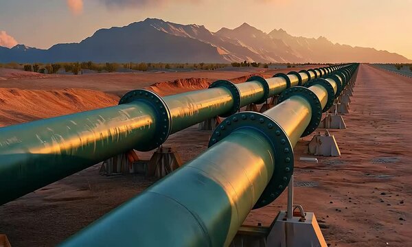 Long pipelines stretching across a desert landscape at sunset.