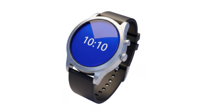 Silver smartwatch with a blue screen displaying the time 10:10, paired with a black leather strap, isolated on a PNG background