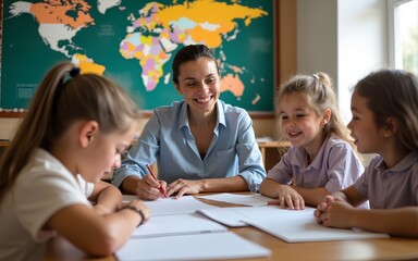 Schoolchildren Studying In Classroom With Teacher. High quality