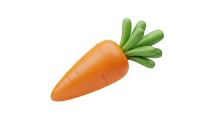 Cartoonish orange carrot with bright green leaves, isolated on PNG background