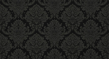 Elegant black and dark grey seamless damask pattern with ornate floral scrolls.