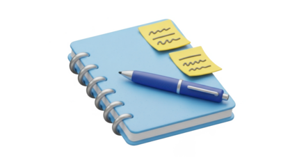 A 3D-rendered blue notebook with a pen and yellow sticky notes, isolated PNG background