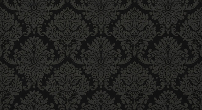 Fototapeta Elegant black and dark grey seamless damask pattern with ornate floral scrolls.