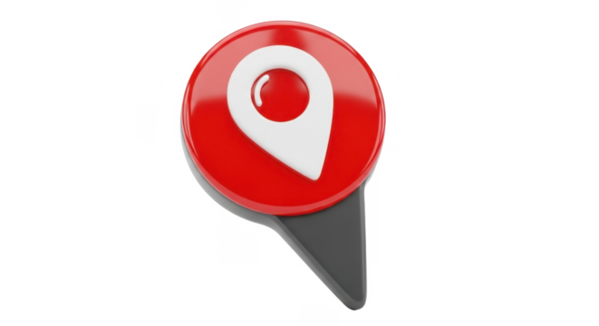 Red and white location pin icon, glossy 3D style, isolated on PNG background - Powered by Adobe