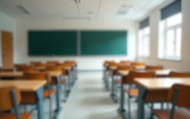 School classroom closed in blur background without young student; Blurry view of empty examination class room no kid or teacher with chairs and tables in campus university. High quality