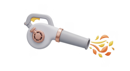 A stylized leaf blower in light gray and rose gold ejects colorful autumn leaves against a PNG background