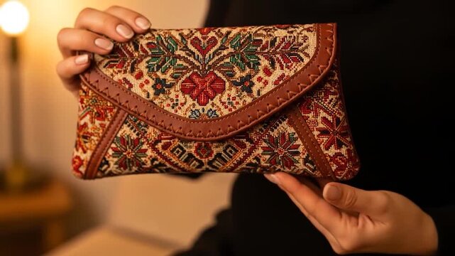 Woman presents a tapestry clutch bag with floral and geometric patterns, showing its unique design