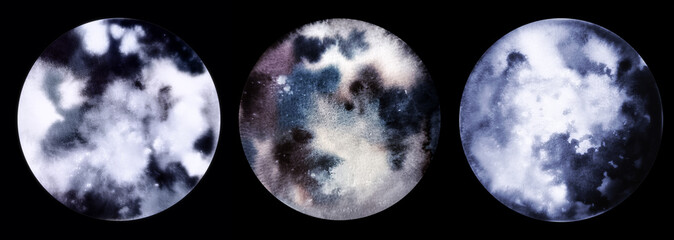Watercolour set of a full moons with craters, hand painted in blue tones, lunar surface texture, celestial space art as a boho magic symbol, witchcraft and astrology theme.